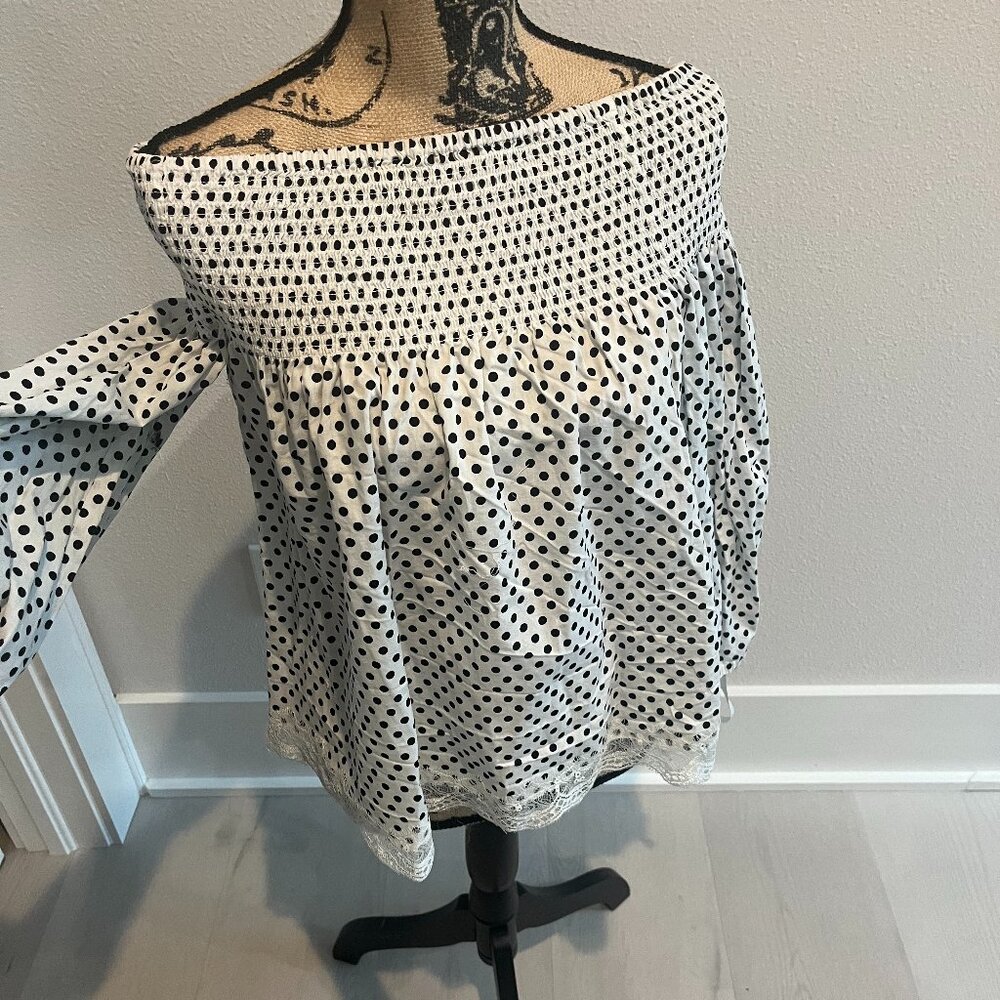 Alex + Alex Off Shoulder White and Black Polka Dot Top
